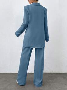 Women's Solid Color Notched Collar Single-Breasted Long Sleeve Jacket And Wide-Leg Pants Suit, Tall Women - Dusty Blue - View 2