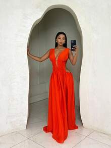 BamGleam 女士度假款透视镂空系带高开衩连衣裙 - 亮橙色 - 查看 6