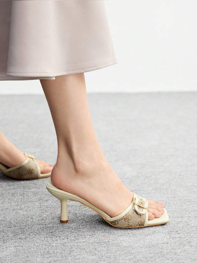 CUCCOO BIZCHIC Women's Floral Pattern Buckle Design Fashion Square Toe High Heel Sandals