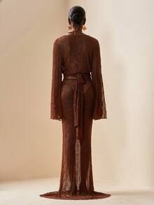 Zivah Bộ đồ nữ mùa hè 2026, kiểu dáng thường ngày, chất liệu vải dệt kim mỏng, màu nâu đậm, gồm áo croptop buộc dây và chân váy maxi. - màu nâu - Xem 5