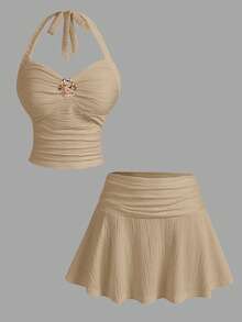 SHEIN MOD 度假系带V领花卉金属扣针织修身两件套女装，夏季服装，返校季服装，教师服装，西式女装，度假女装，假日女装，休闲套装，沙滩套装，沙滩女装，派对服装，海岛装 - 卡其色 - 查看 5