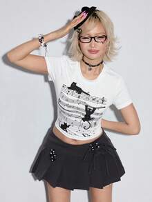 ROMWE Kawaii Cat Print T-Shirt For Women, Spring/Summer - White - View 7