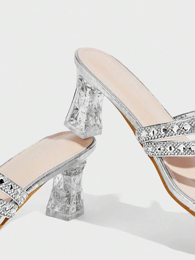 CUCCOO TILAWA Women's Square Toe Patent Leather Silver Rhinestone Strip Decoration Spring And Summer New Fashion Elegant Thick Heel High Heel Sandals