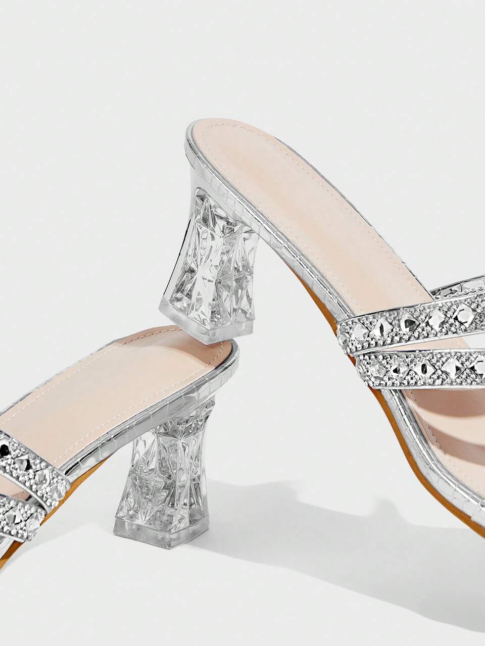 CUCCOO TILAWA Women's Square Toe Patent Leather Silver Rhinestone Strip Decoration Spring And Summer New Fashion Elegant Thick Heel High Heel Sandals