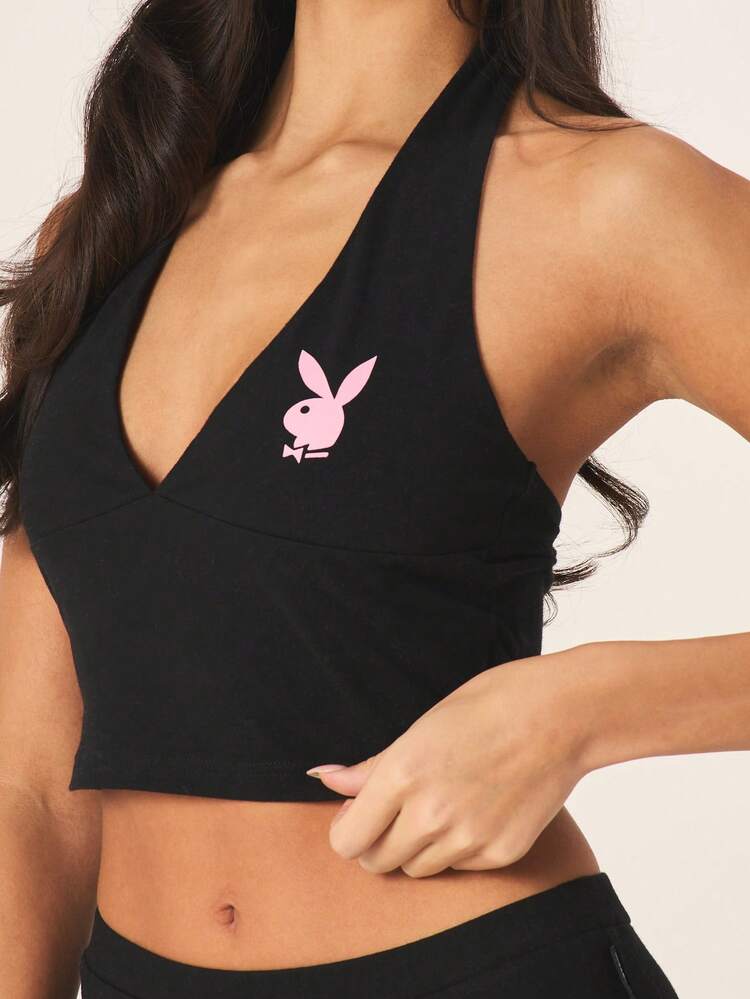 Missguided x Playboy Women's Logo Black Deep V-Neck Halter Crop Cami Tank Top With Pink Bunny Print
