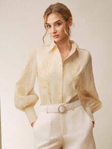 Anewsta Spring/Summer New Hollow Lace Patchwork Embroidered Butterfly Polo Collar Long Sleeve Sheer Lightweight Women Shirt - Apricot - View 5