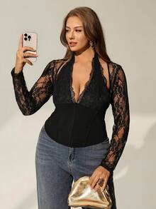 Auralis 大码纯色蕾丝性感长袖T恤 - 黑色 - 查看 3