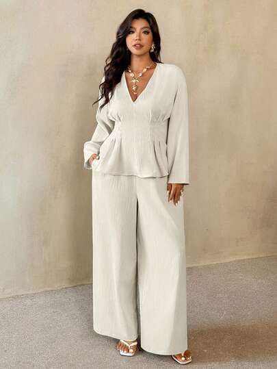 Auralis Plus Size Elegant Commuter Workplace Sophisticated High-End Afternoon Tea Slightly Sexy Date Music Concert Party Women's Minimalist Casual Graceful Vacation Fashion Front Waist Pleated Back Waist Tie Drawstring Waist Flared Hem Plus Size Shirt And High Waist Elastic Loose Pants Two Pieces Set / Casual Graceful Commuter Two Pieces Set / Office Outfit / Bohemian Apricot Set / Casual Vacation Spring/Summer Casual Elegant Vacation Sets For Women Spring/Summer Graduation Ceremony Easter Outfit Sets For Women