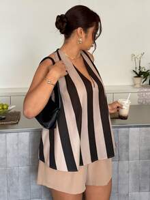 Firerie 大码夏季休闲条纹吊带上衣和纯色短裤两件套 - 彩色 - 查看 1