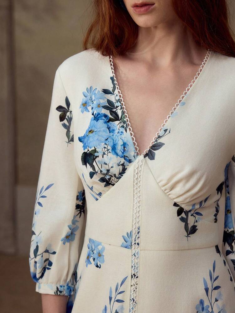 WOMEN'S LINEN BLEND FLORAL PRINT 3/4 SLEEVE MID-LENGTH CASUAL/DATE DRESS, SPRING/SUMMER