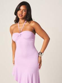 MISSGUIDED Women's Halter Neck Asymmetrical Hem Bodycon Maxi Dress With Tie Detail For Party Evening Occasions - Purple - View 3