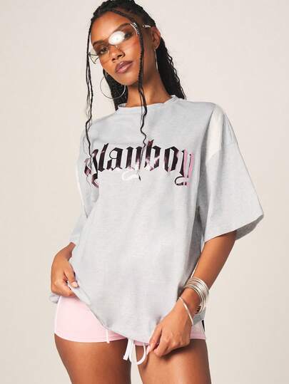 Missguided x Playboy Women's Metallic Foil Print Oversized Crew Neck Short Sleeve Cotton Blend T-Shirt With Bunny Logo Graphic Casual Streetwear Top