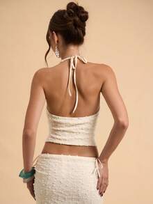 SHEIN BAE 女士串珠露背纹理上衣，春夏款 - 杏色 - 查看 2