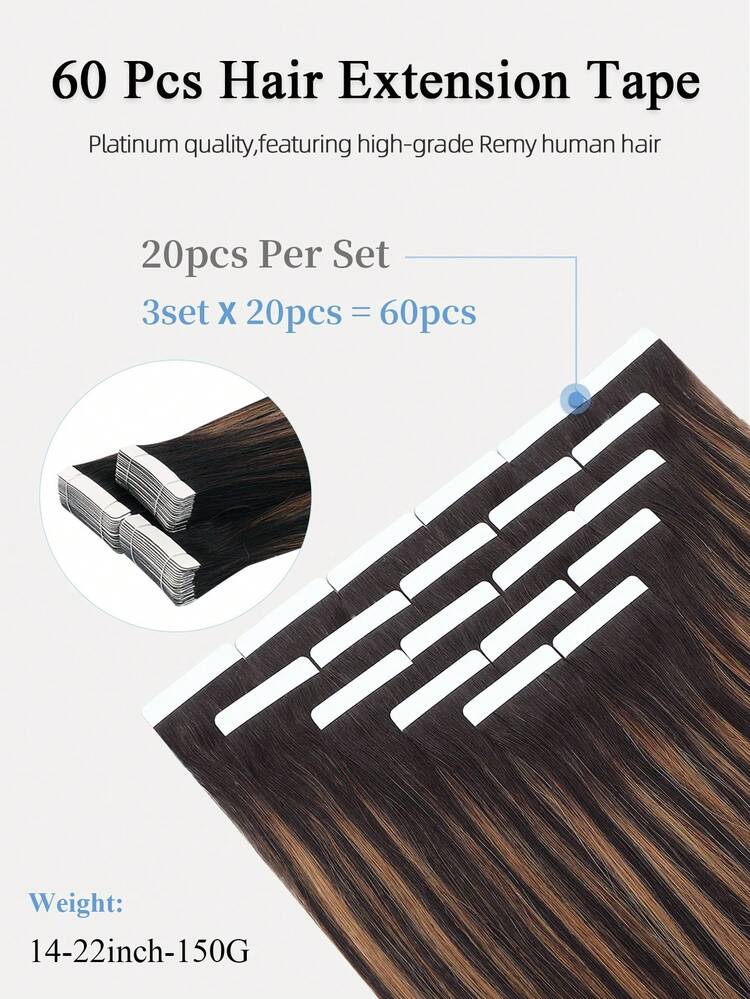 60pcs Tape In Hair Extensions Human Hair, #TNC‑PNC/6 Natural Black Highlighted Light Brown Straight Remy Hair, 14‑22 Inch, Silky Seamless Invisible Thick‑Ended Hair, Ideal For Thin Hair Volume Boost, Professional Salon Daily Styling For Women & Girls - STNC-PNC/6 - View 3