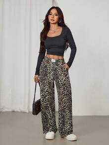 SHEIN PETITE 2 chiếc quần ống rộng nữ màu đen và họa tiết da báo mới. - Nhiều màu - Xem 7