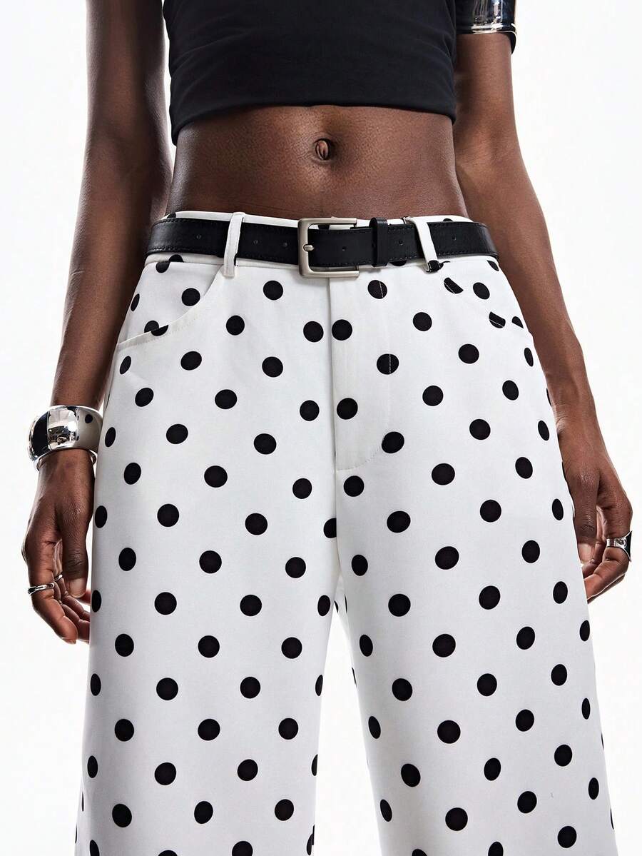 Aveloria Affinna Women's Black & White Polka Dot Low Waist Loose Straight Leg Pants - Black and White - View 1