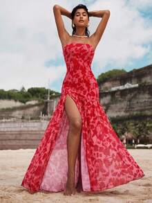 Opulessa Knitted Mesh Leopard Print Slit Fitted Dress For Women - Multicolor - View 1