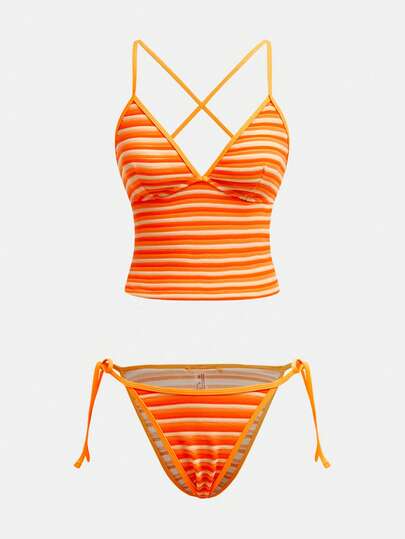 Maija Women's Striped Criss-Cross Strap Casual Swimsuit Set