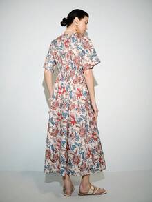 Lumivelle 女士时尚V领系带腰身七分袖宽松A字连衣裙，度假休闲风，春夏款 - 彩色 - 查看 2