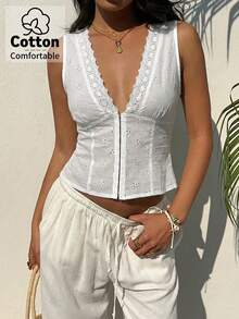 Aloruh Women's Deep V-Neck White Eyelet Embroidery Button-Up Shirt, Spring/Summer - White - View 8