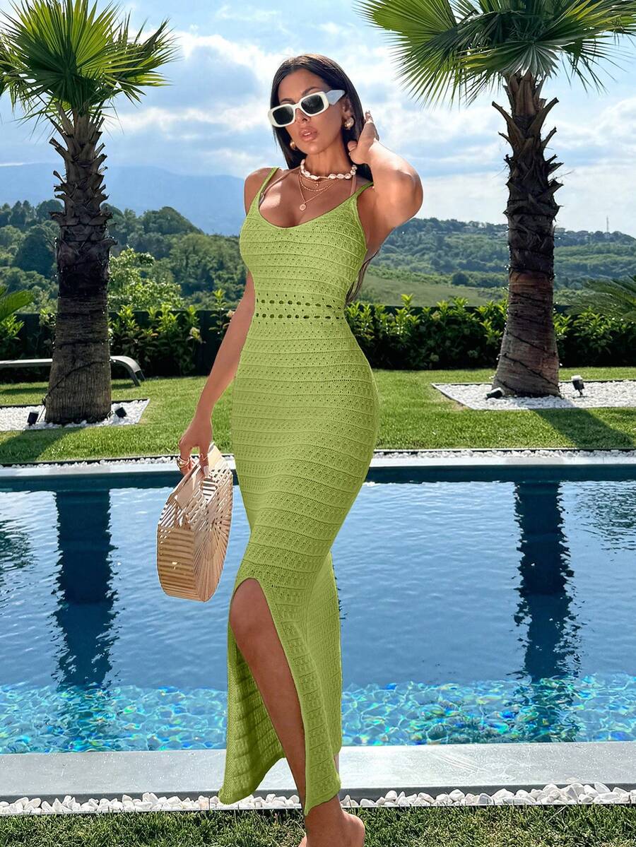 EURMUSE 纯色修身高开衩优雅无袖毛衣裙 - 青檸色 - 查看 1