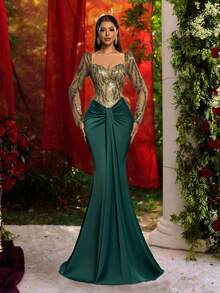 Glamrae 优雅奢华的串珠刺绣拼接醋酸纤维缎面长袖褶皱腰带系带下摆正式连衣裙，适合晚宴、商务场合、宾客礼服等。 - 墨綠色 - 查看 2
