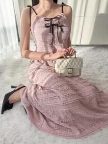 FRIFUL 女士时尚优雅蝴蝶结吊带背心和半身裙两件套家居服套装 - 粉色 - 查看 4