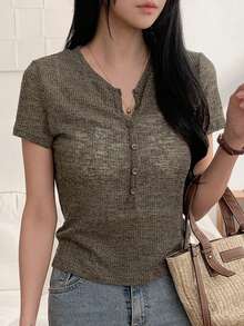 DAZY Women's Casual Front Button Short Sleeve Top, Summer - Coffee Brown - View 2