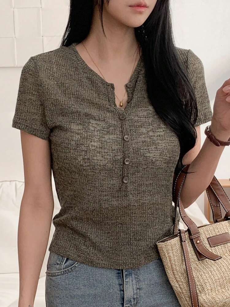 Women's Casual Front Button Short Sleeve Top, Summer