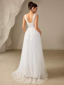 Coutiva Elegant White Wedding Dress For Women,Spring Formal Silky Mesh Corset Ball Gown With Lace Sequins,Slim Off-The-Shoulder Evening Bridal Dresses - White - View 3