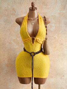 Mistrie Women's Vacation Halter Backless Mini Dress - Yellow - View 3