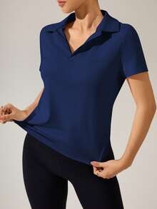 SHEIN Sports 1 chiếc áo polo thể thao nữ cổ chữ V màu trắng trơn, thích hợp chơi tennis/golf, áo polo nữ cổ bẻ, áo polo nữ trơn, áo polo nữ màu xanh dương, áo polo tay ngắn. - Màu xanh hải quân - Xem 2