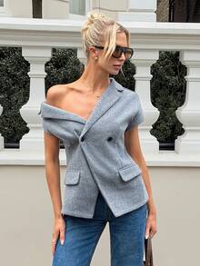Siren Gaze Women's Solid Color Double-Breasted Asymmetric Collar Fashion Shirt Elegant Wrap Tops For Women - Grey - View 2