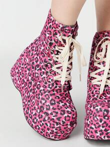 ROMWE Kawaii Women's Y2K Punk Gothic Lace-Up Fluffy Platform Ankle Boots Y2K - Red leopard print - View 4