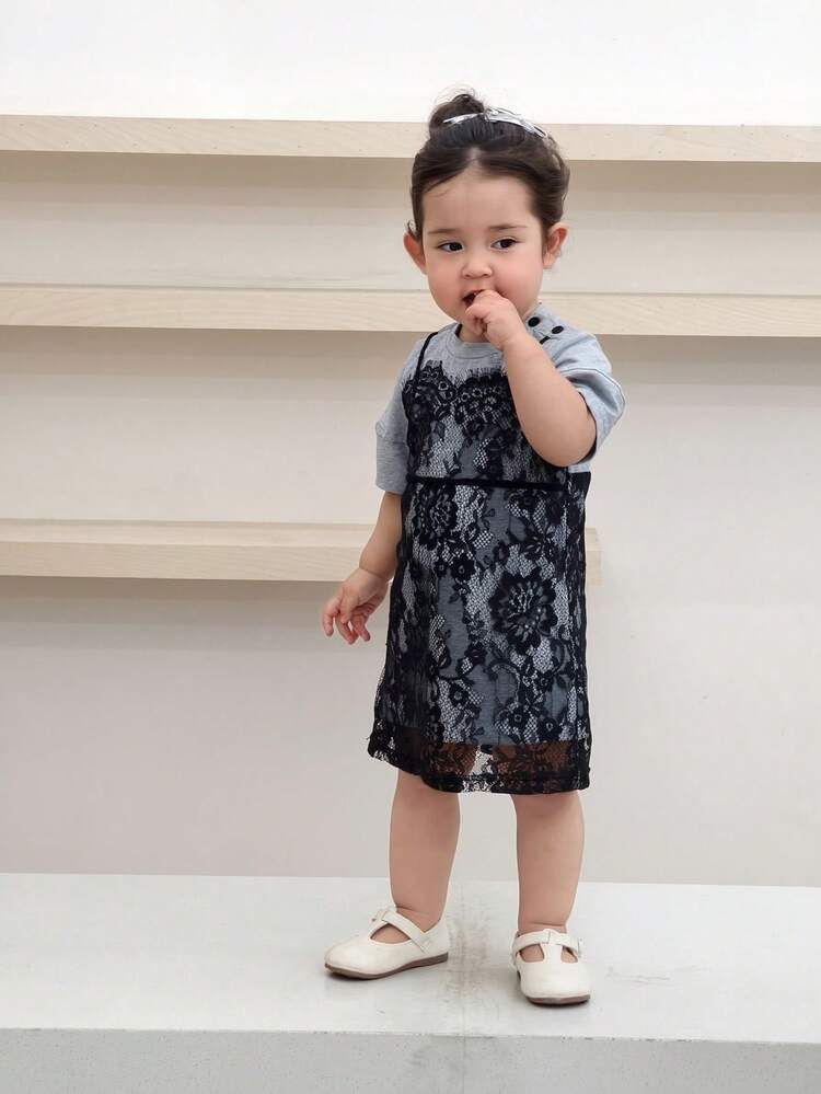 Baby Girls Korean Style Lace Trim Casual 2 In 1 Dress Toddler Girls Clothes