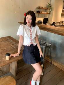 DAZY 女士白色棉质蝴蝶结荷叶边短袖V领衬衫，露脐设计，秋冬款 - 白色 - 查看 6