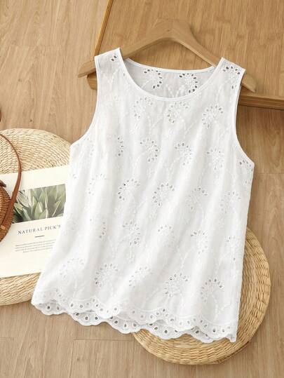 Rusticease Women's Vacation Casual Solid Color Hollow Out Embroidered Sleeveless Blouse