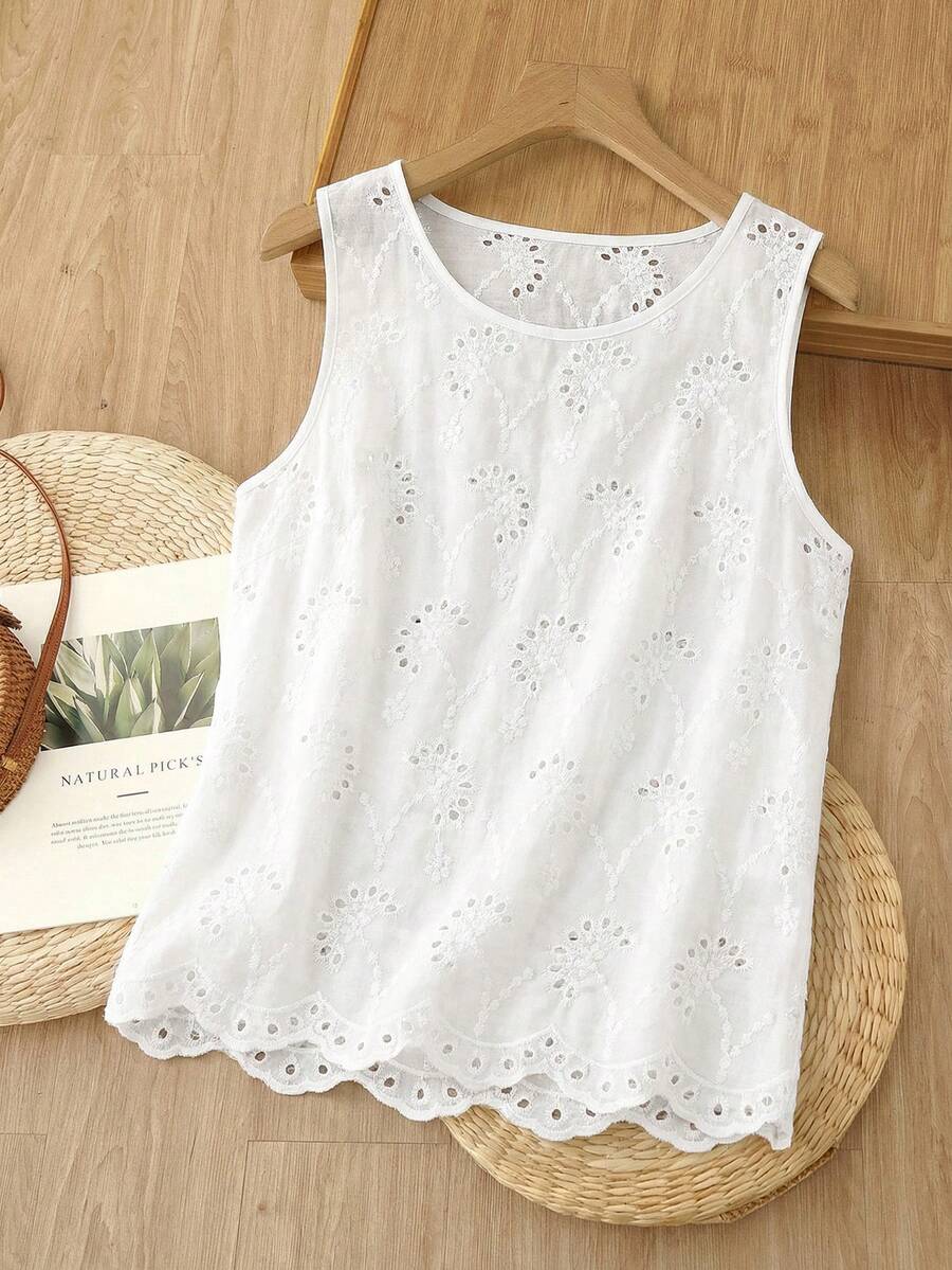 Rusticease Damblus med broderad ärmlös, enfärgad och urholkad design för semester och avslappnad fritid - Vitt - Visa 1