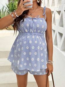 SHEIN 孕妇无袖上衣和短裤两件套 - 藍白色 - 查看 4