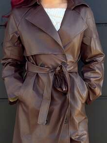 Bearsaez 秋冬女式常规剪裁 PU 皮夹克，撞色翻领、领带、腰带 - 咖啡棕 - 查看 3