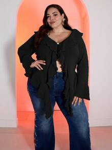 Pretty and Ole Plus Size Women Autumn/Winter Fashion Sexy & Sweet Ruffle Flare Sleeve Cardigan - Black - View 4