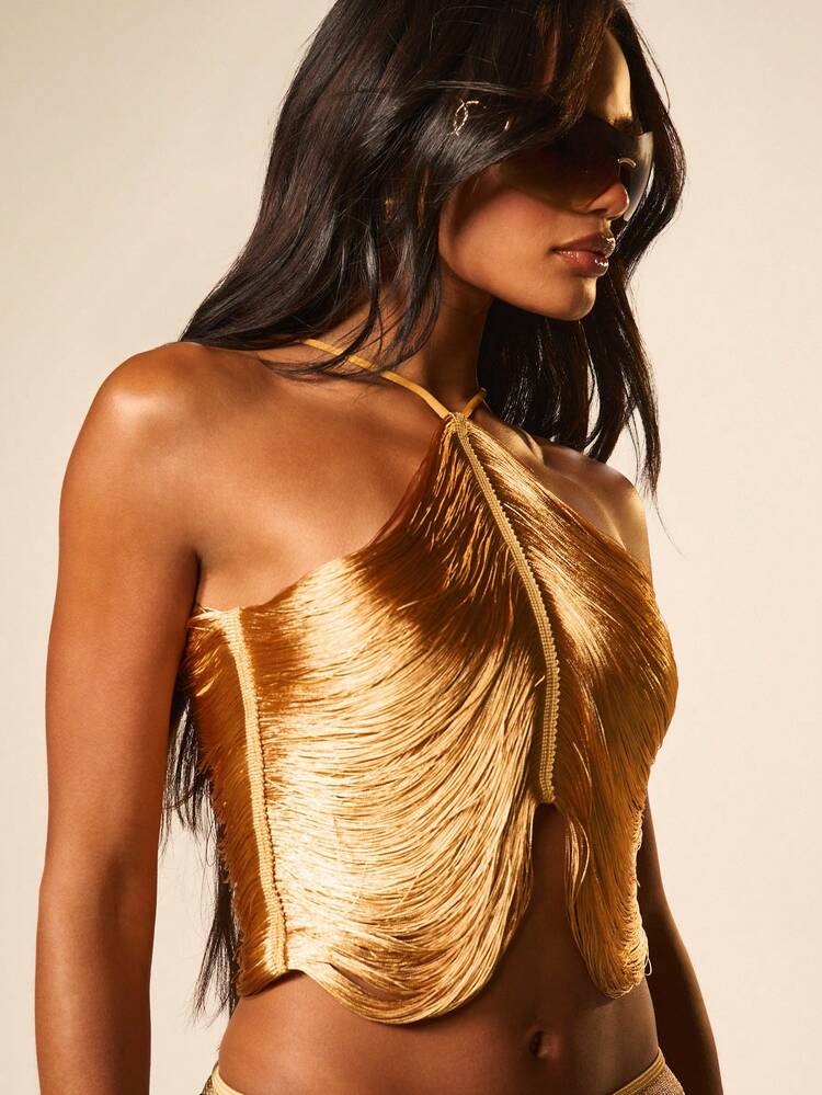 MISSGUIDED Top court à col ras-du-cou doré métallique avec détail de nœud pour les occasions de soirée