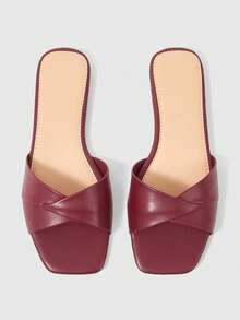 Sleekvia 女士夏季新款褶皱方头平底拖鞋，休闲舒适，百搭外穿 - 酒紅色 - 查看 2