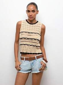 Maija Women's Hollow-Out Casual Elegant Knit Vest Beach Outfit Holiday Outfits - Khaki - View 3