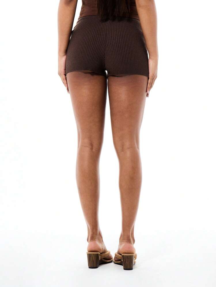 BABYPHAT Women's High Rise Ribbed Knit Micro Length Booty Shorts With Gold Logo Detail Fitted Casual Loungewear Bottom