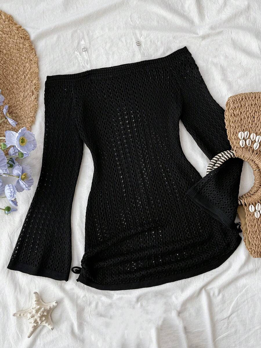 SHEIN Tween Girl Off Shoulder Knot Side Cover Up Dress Without Bikini Summer - Black - View 1