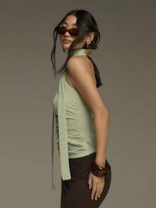 COSMINA Blusa de mujer con cuello en V y volantes, color verde claro, de tela transparente, adecuada para vacaciones de verano, resort de playa, elegante top de mujer - Verde - Ver 5