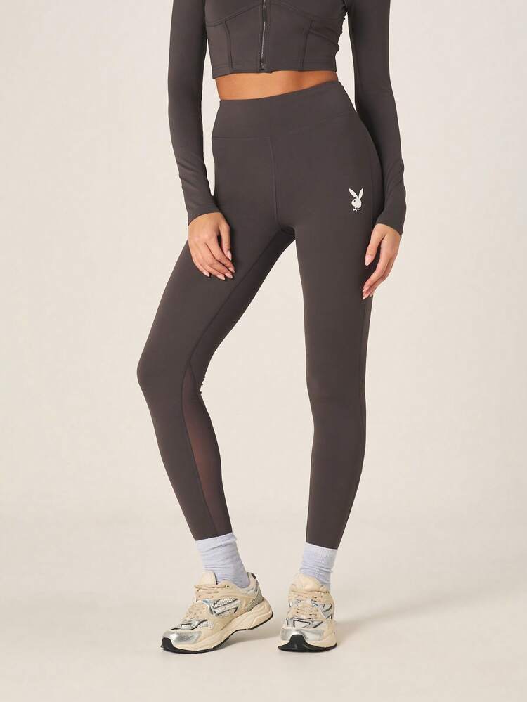 Missguided x Playboy Women's High Rise Sports Leggings With Mesh Panels Logo Athletic Fitted Compression Performance Gym Training Running Workout Activewear