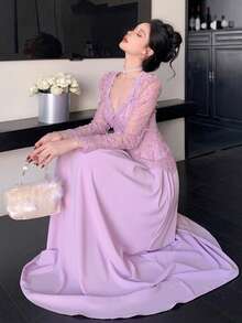 DAZY Spring&Summer Lavender Pink Lace Dress,Elegant Wedding Party,Autumn Banquet Fashion Event,Slim Fit Sheer Mesh Patchwork Full Skirt Long Dress Women - Purple - View 8