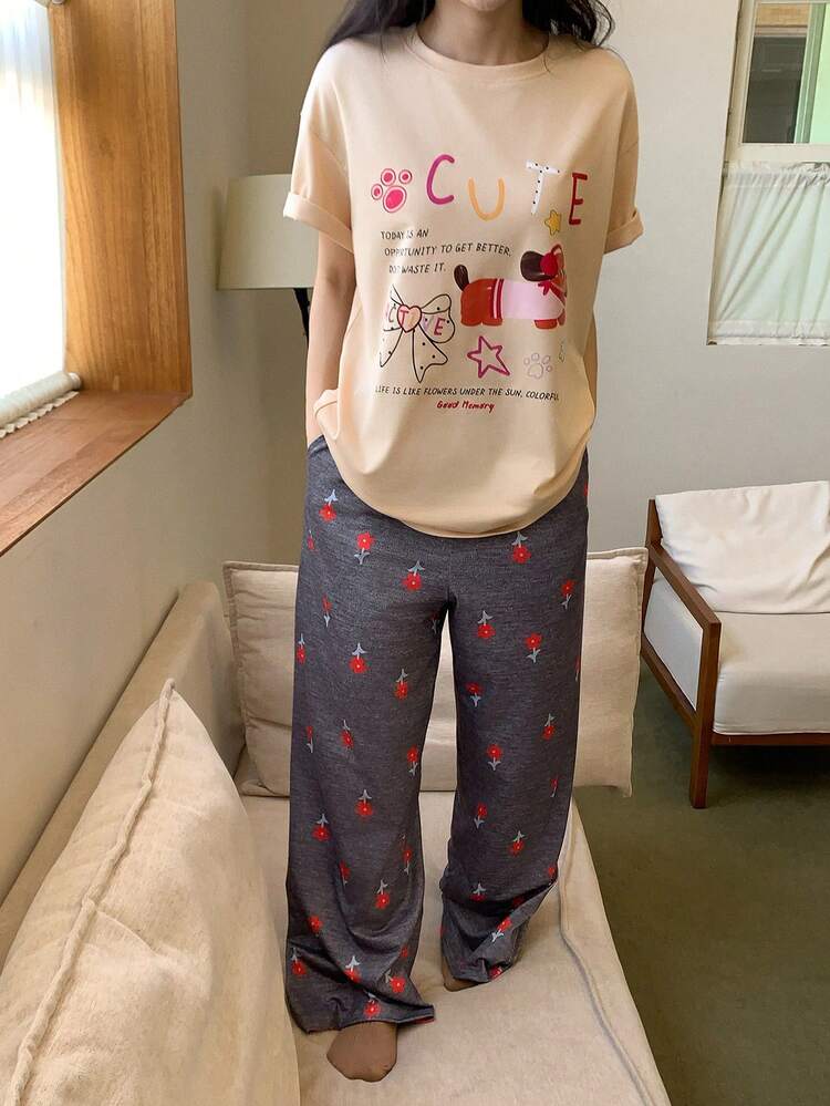 Summer Butterfly & Puppy Letter Print T-Shirt, Cute Floral All-Over Print Women Pajama Set